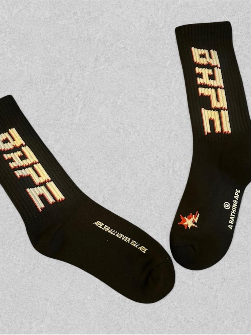 Bape Black Crew Socks with Cream and Red Logo